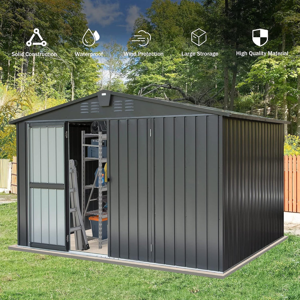 Domi Outdoor Storage Shed 10'x 8', Metal Garden Shed for Bike, Trash Can, Tools, Lawn Mowers, Pool Toys, Galvanized Steel Outdoor Storage Cabinet with Lockable Door for Backyard, Patio, Lawn