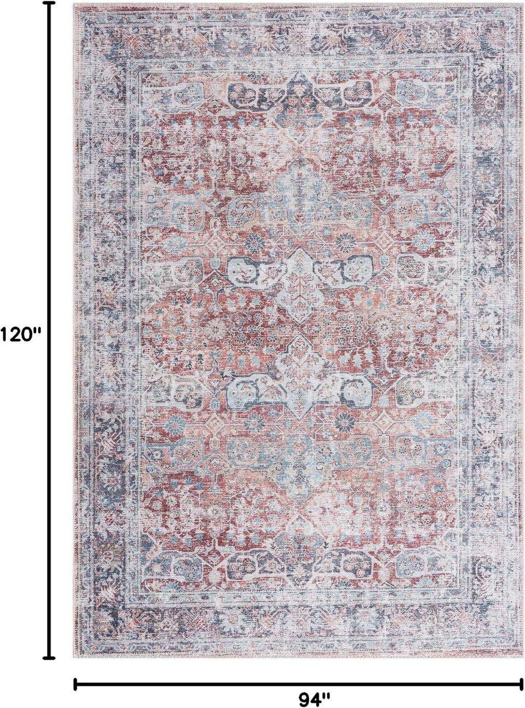 Bloom Rugs Caria Washable Non-Slip 8x10 Rug - Brick/Dark Blue Traditional Area Rug for Living Room, Bedroom, Dining Room, and Kitchen - Exact Size: 7'8' x 10'