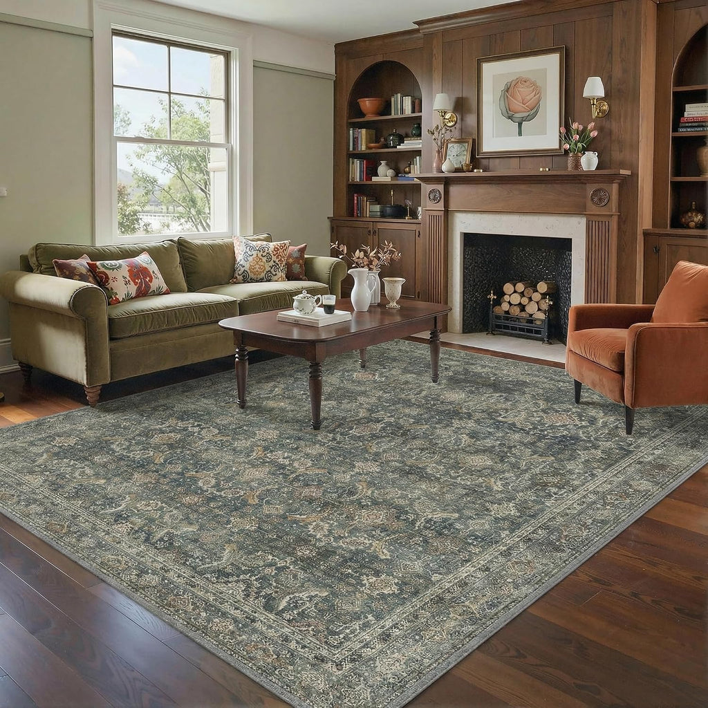 BESBLEE 10X14 Area Rugs Machine Washable Rugs for Living Room, Vintage Boho Large Rugs for Bedroom Dining Room, Non Slip Indoor Soft Distressed Lightweight Thin Low Pile Carpet, Deep