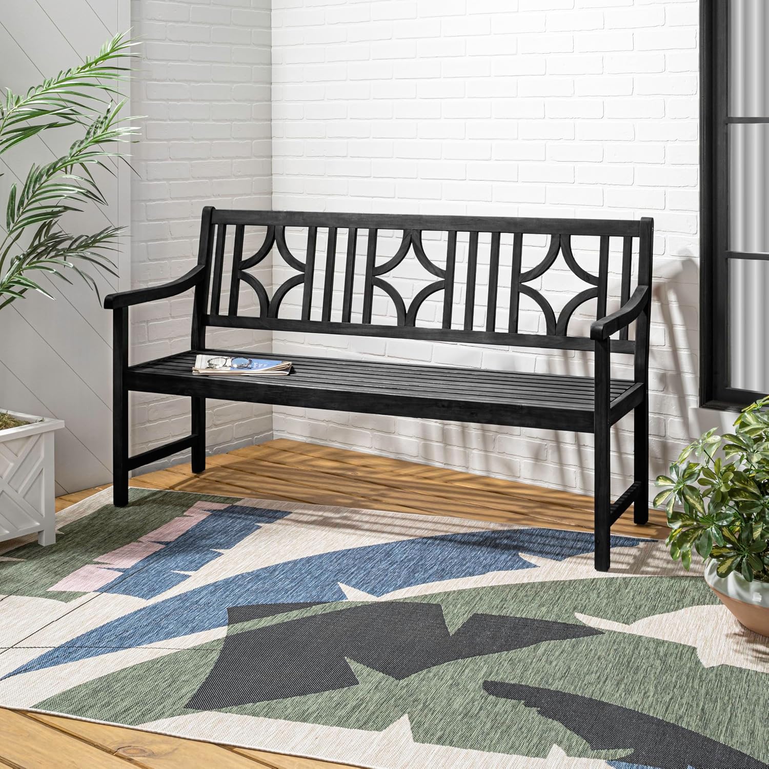 JONATHAN Y BNH100C Sloane 59.1' 3-Seat Ogee Diamond-Back 600-Lbs Support Acacia Wood Outdoor Garden Patio Bench for Garden, Lawn, Backyard, Pool, Deck, Beach, Firepit, Black