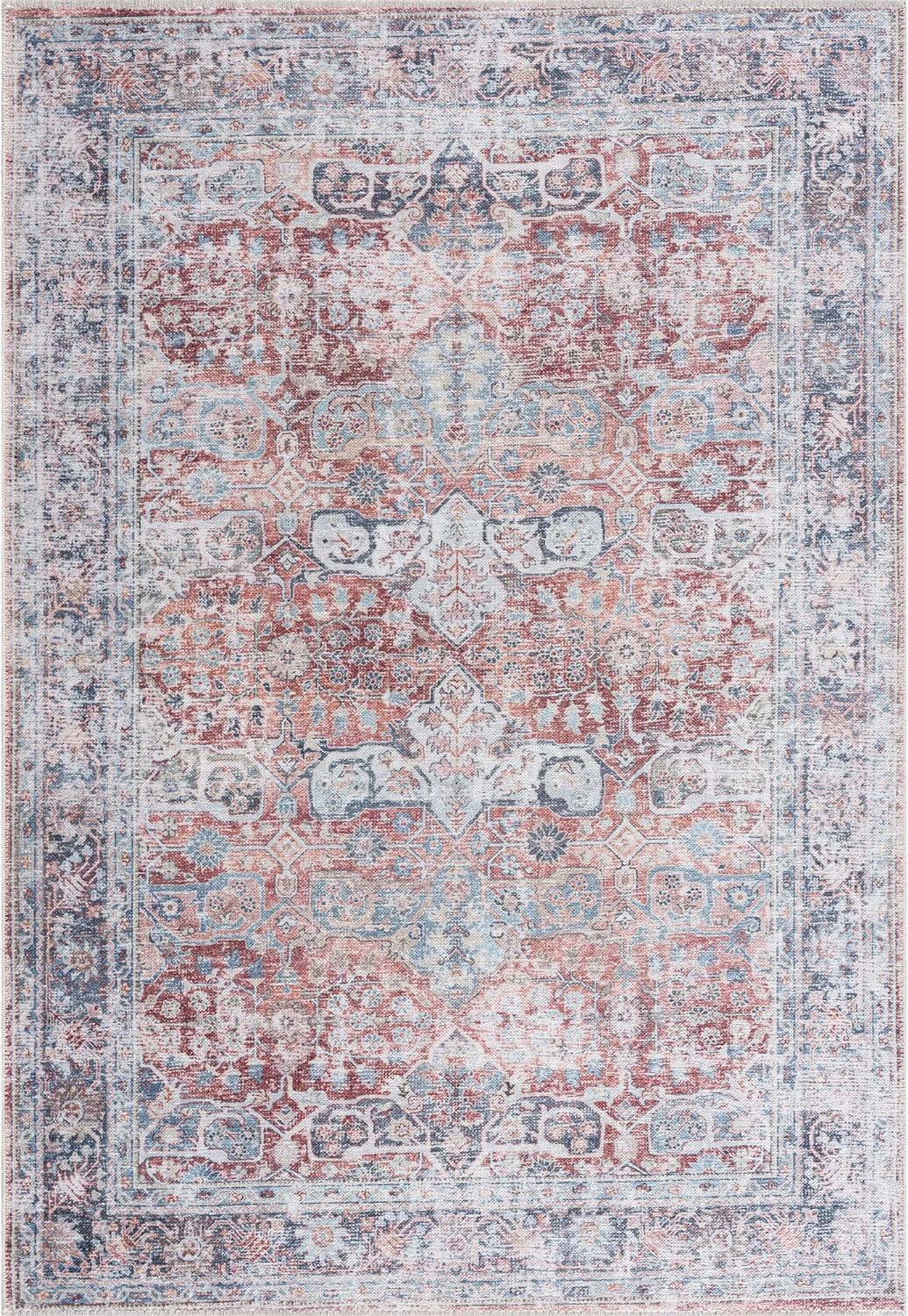 Bloom Rugs Caria Washable Non-Slip 8x10 Rug - Brick/Dark Blue Traditional Area Rug for Living Room, Bedroom, Dining Room, and Kitchen - Exact Size: 7'8' x 10'