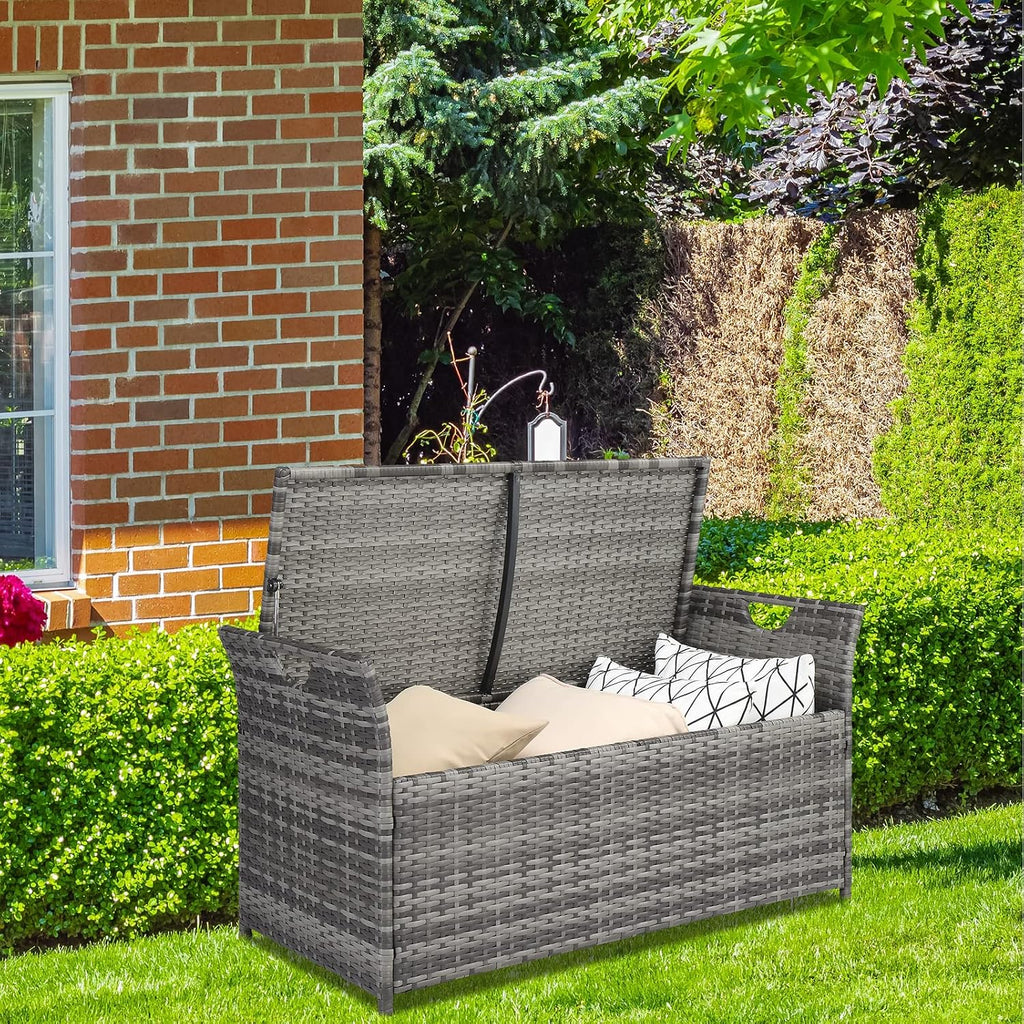 Outvita 40 Gallon Outdoor Storage Box, Patio Rattan Storage Bench with Cushion for Backyard, Balcony, Poolside, Garden, Gray