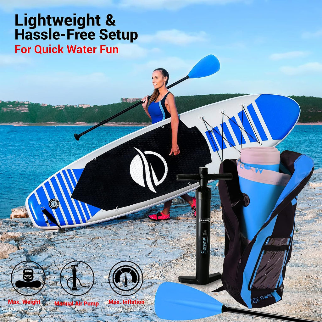 SereneLife Inflatable Stand Up Paddle Board (6 Inches Thick) & Serene Life Digital Electric Air Pump Compressor - 110W 12 Volt Quick Air Inflator w/LCD, 0-16 Adjustable PSI