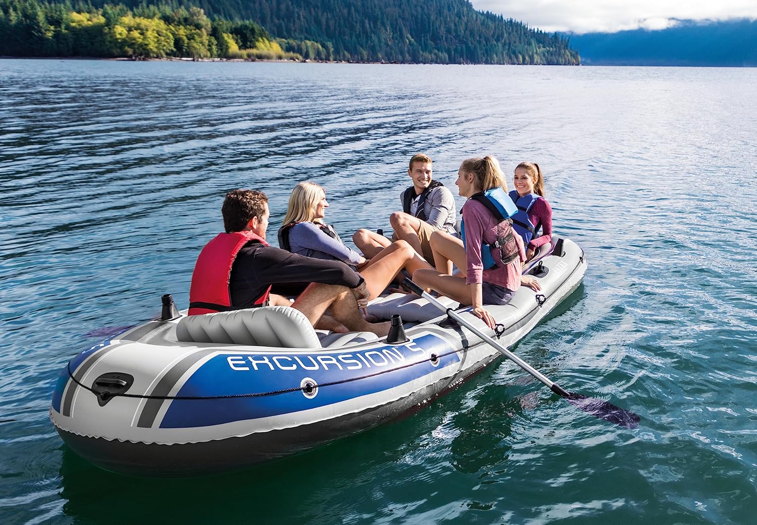Intex Excursion 5 Person Inflatable Boat, Water Fishing River Raft Set w/ Oars - Large 1,300 Lb Capacity Portable Blow-Up 5 Seater Raft for Adults