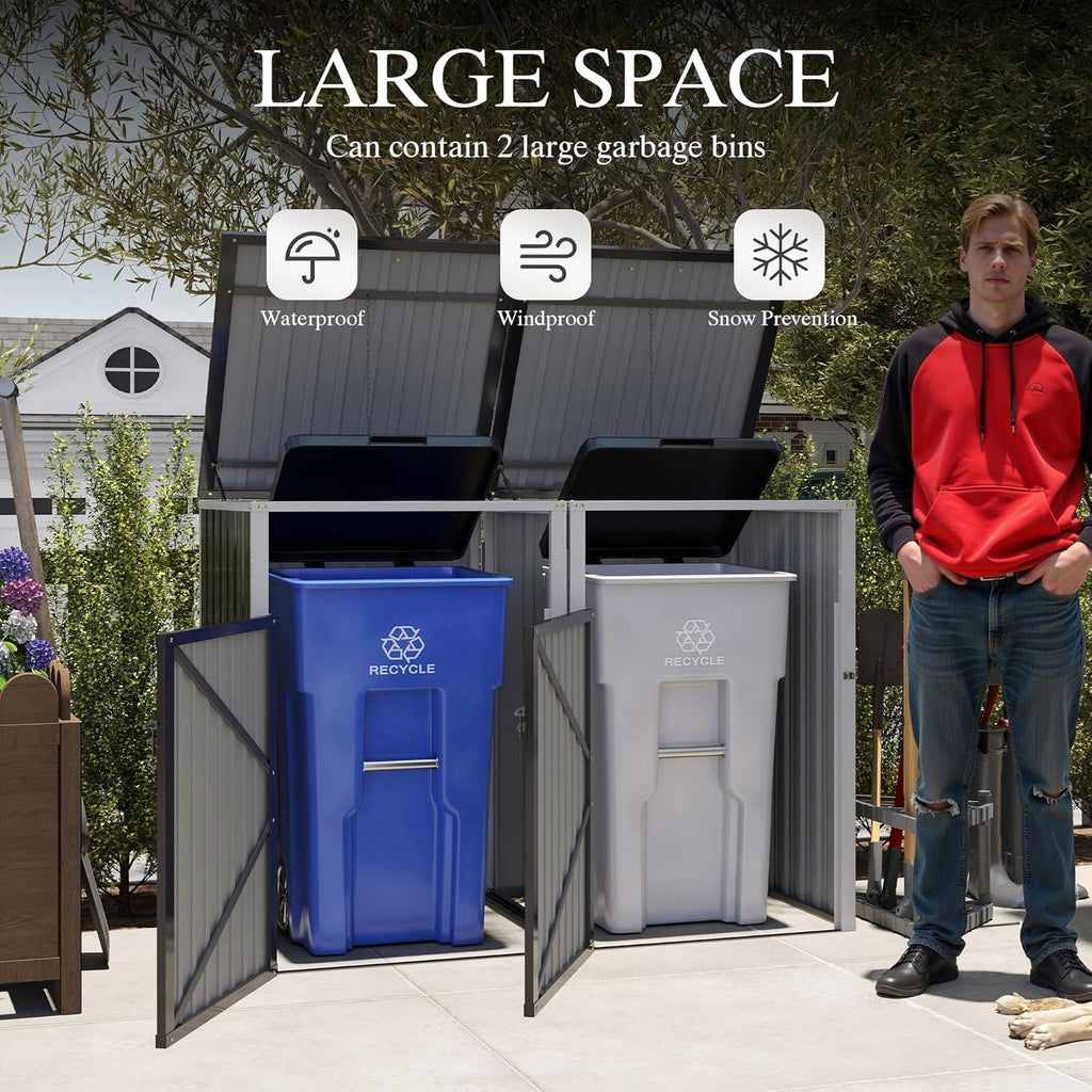 KEIKI 54 Cu.Ft Outdoor Trash Can Storage Shed for 2 Bins, Galvanized Metal Garbage Bin Enclosure with Hydraulic Lid & Dual Chain Design, Weather-Resistant, Dark Gray