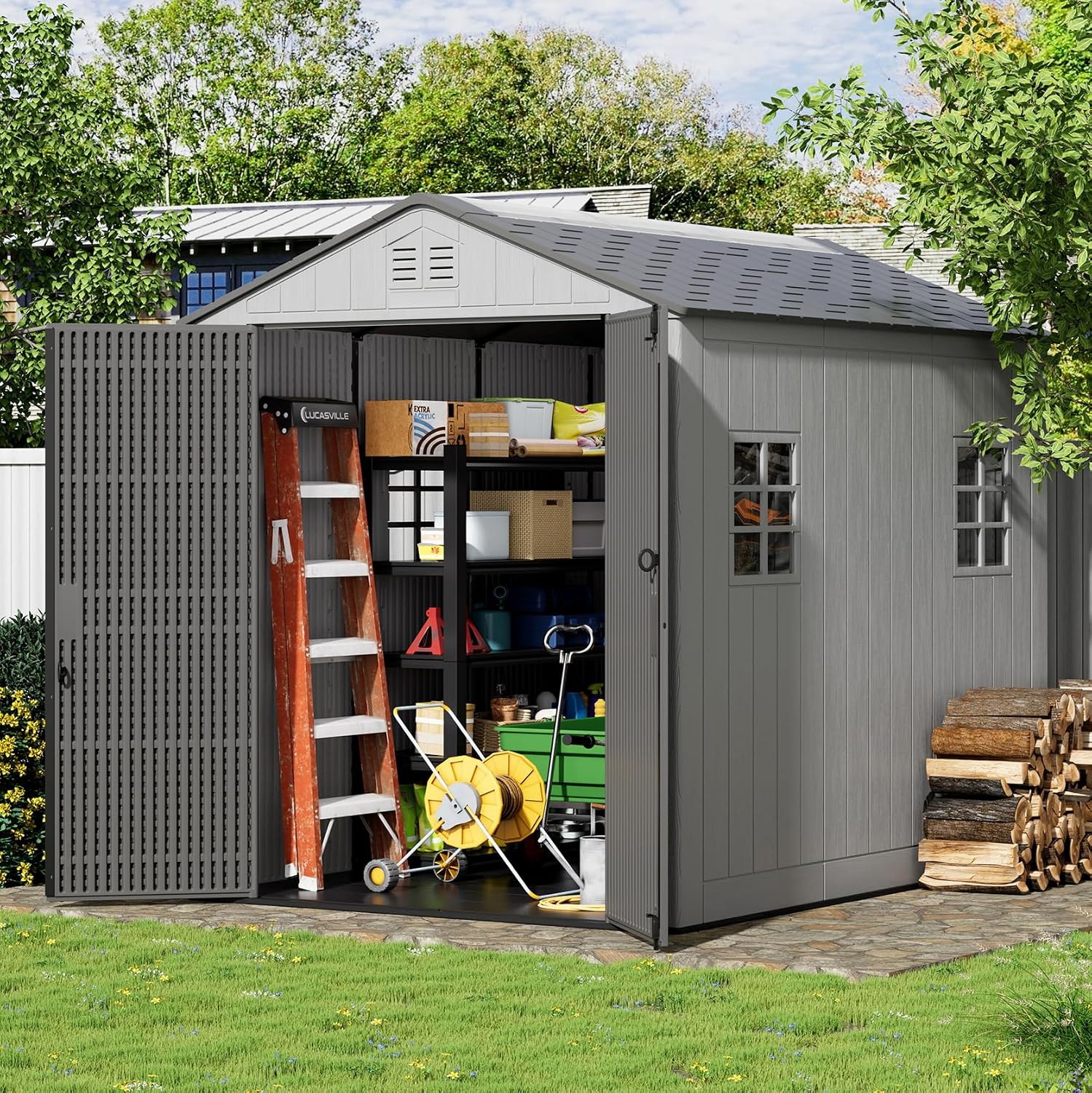 ZZM Outdoor Storage Shed 6x9 Ft, All-Weather Resistant Resin Garden Sheds & Outdoor Storage Clearance with Floor and Windows, Double-Layer Plastic Tool Shed for Backyard, Patio & Lawn (Gray)