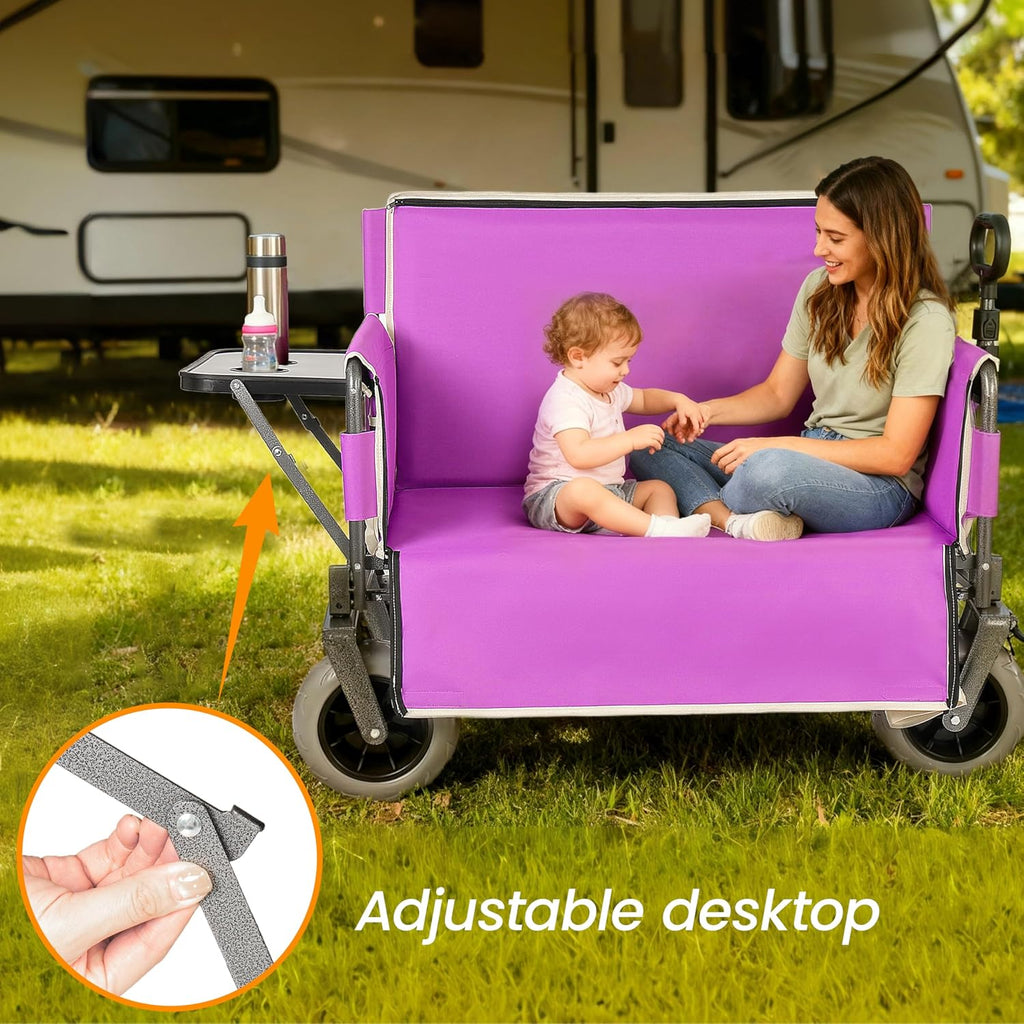 3-in-1 Folding Wagon with Bench Seat – 500lbs Capacity,Reinforced Carbon Steel Frame, 180L Cargo Space– Perfect for Camping, Beach, Outdoor Events & Heavy-Duty Hauling (12 Purple + Cup Holder)