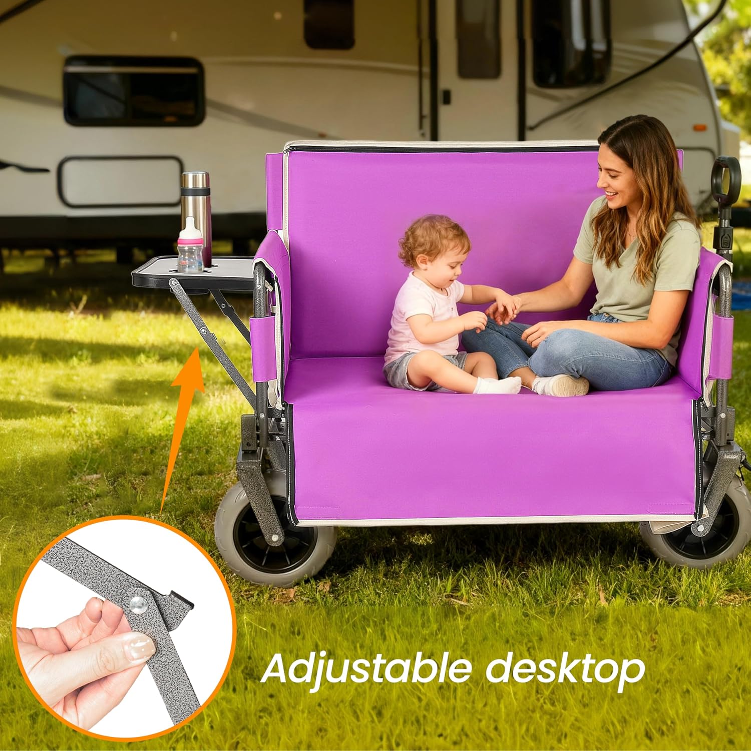 3-in-1 Folding Wagon with Bench Seat – 500lbs Capacity,Reinforced Carbon Steel Frame, 180L Cargo Space– Perfect for Camping, Beach, Outdoor Events & Heavy-Duty Hauling (12 Purple + Cup Holder)