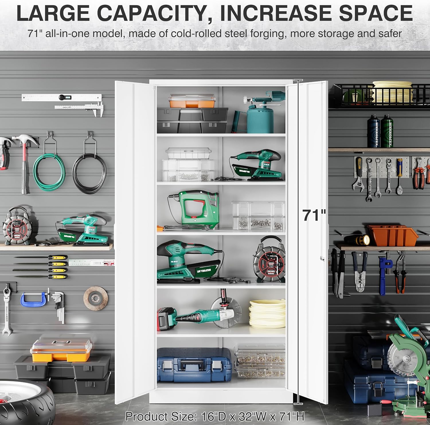 White Metal Storage Cabinet with 2 Doors and 6 Shelves,71' Tall Metal Cabinet with Lock,Lockable Garage Storage Cabinets,Locking File Cabinet,Steel Tool Cabinets for Home,Office,Garage,Shop
