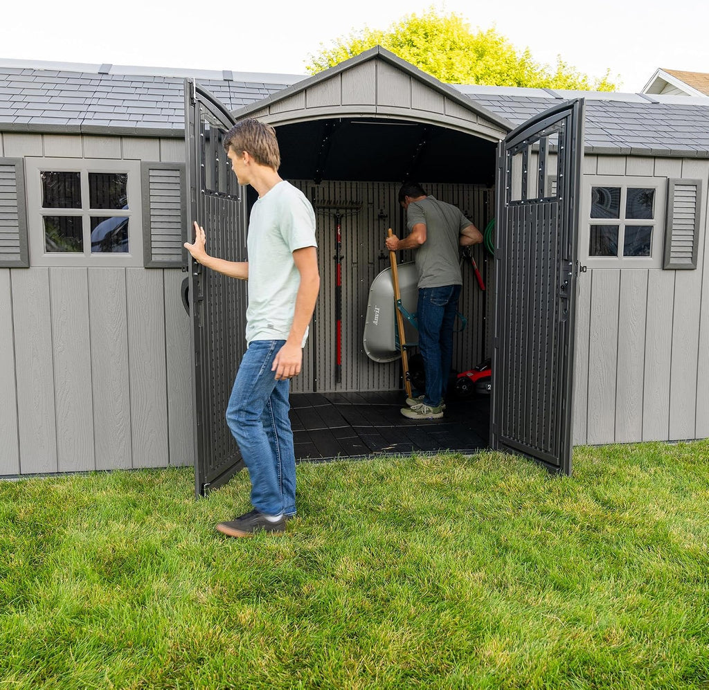 Lifetime 20x8 Ft Outdoor Storage Shed, Gray HDPE Construction, Steel-Reinforced Walls, Dual-Entry Design with Lockable Doors, Skylights, Adjustable Shelving System, Snow Load Kit Included