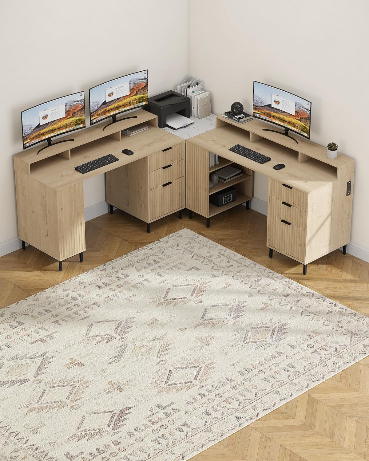 55'' Fluted Executive Desk with Drawers, Modern Home Office Computer Desk with Charging Station, File Drawer, Monitor Stand, Storage Shelf for Work Writing Study, Light Oak