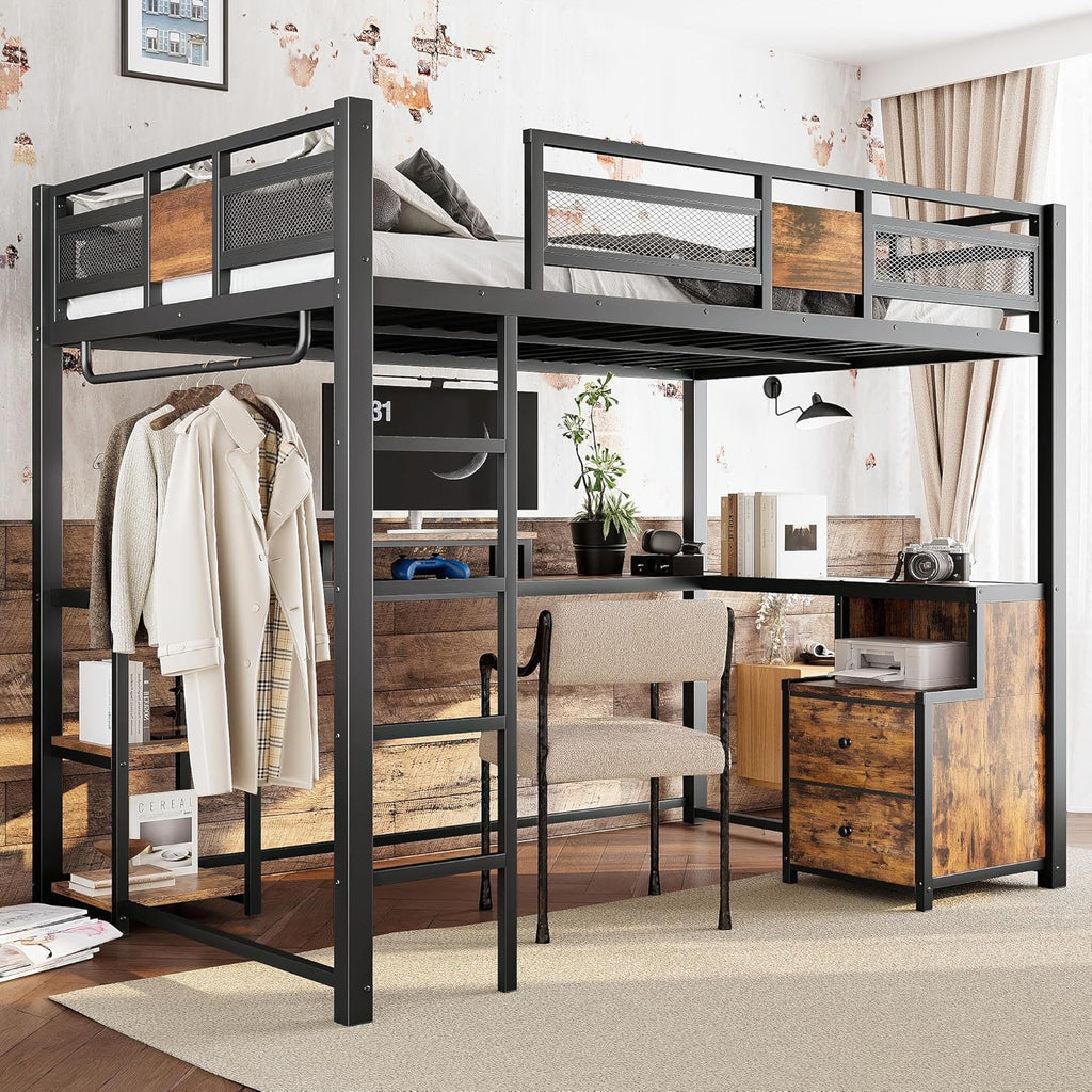 Bellemave Full Loft Bed with L-Shaped Desk and Storage Drawers, Full Size Loft Bed Frame with Computer Monitor Stand, Corner Shelf and Hanger Rod, Adults Loft Beds Nosie-Free, Black