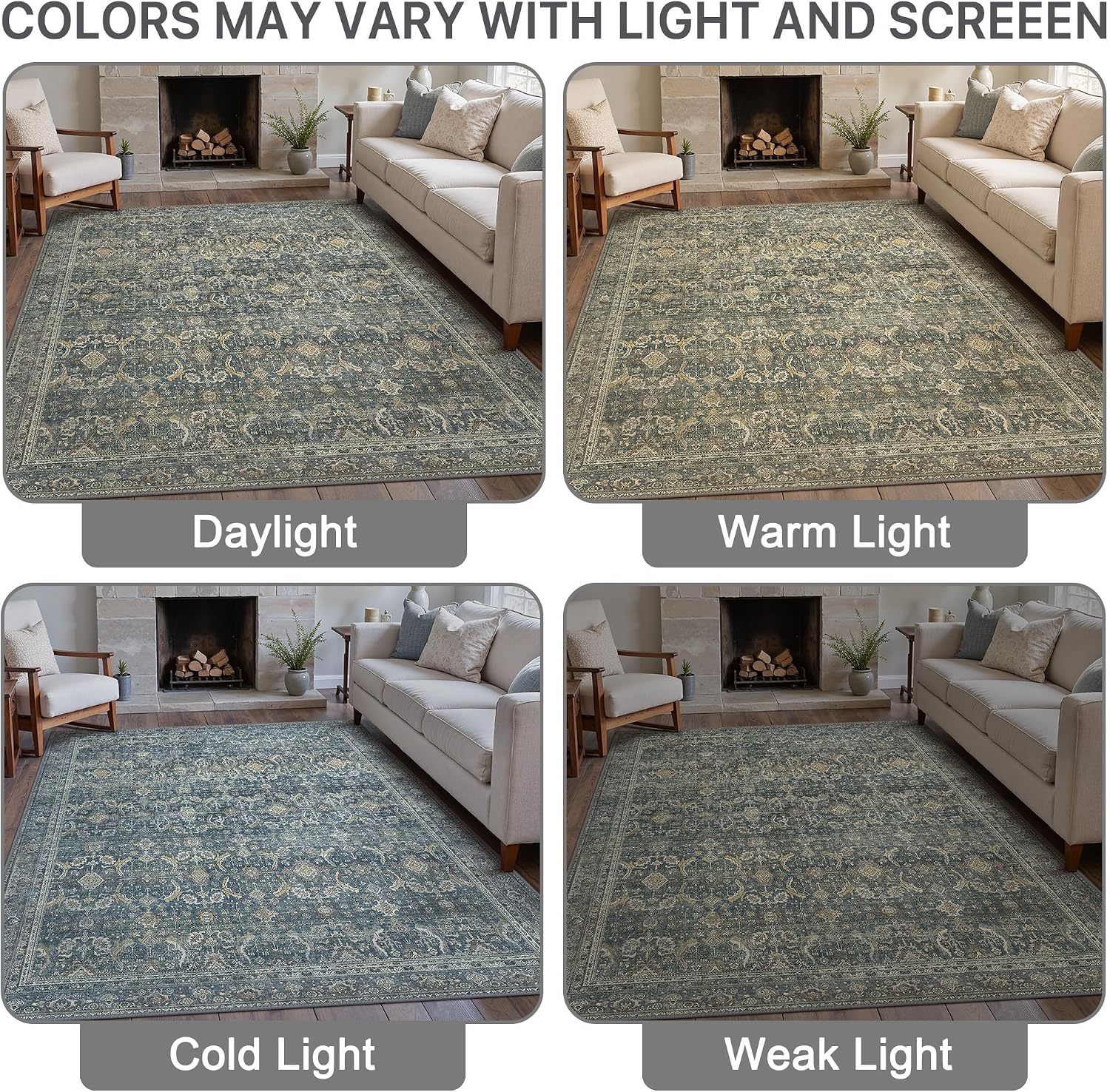 BESBLEE 9X12 Area Rugs Machine Washable Rugs for Living Room, Vintage Boho Large Rugs for Bedroom Dining Room, Non Slip Indoor Soft Distressed Lightweight Thin Low Pile Carpet, Deep