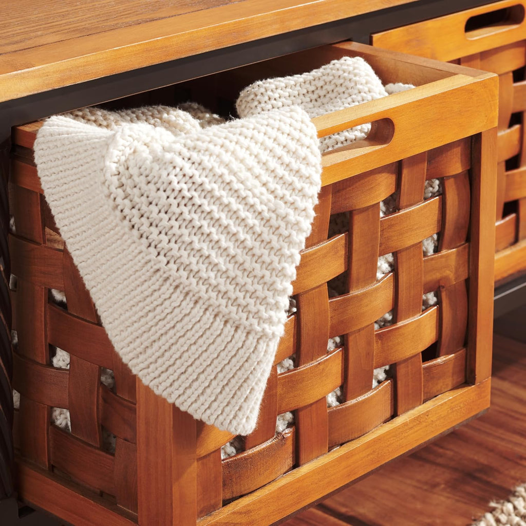 SAFAVIEH Home Collection – Isaac Oak Wooden Storage Bench with Drawers, Entryway & Mudroom Seating, Iron Frame Design, Fully Assembled (AMH6530A)