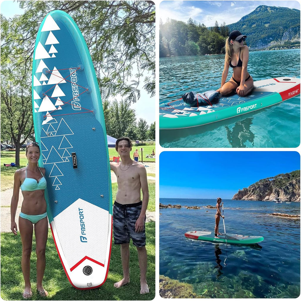 FBSPORT 11' Premium Stand Up Paddle Board, Yoga Board with SUP Accessories & Carry Bag | Wide Stance, Surf Control, Non-Slip Deck, Leash, Paddle and Pump for Youth & Adult