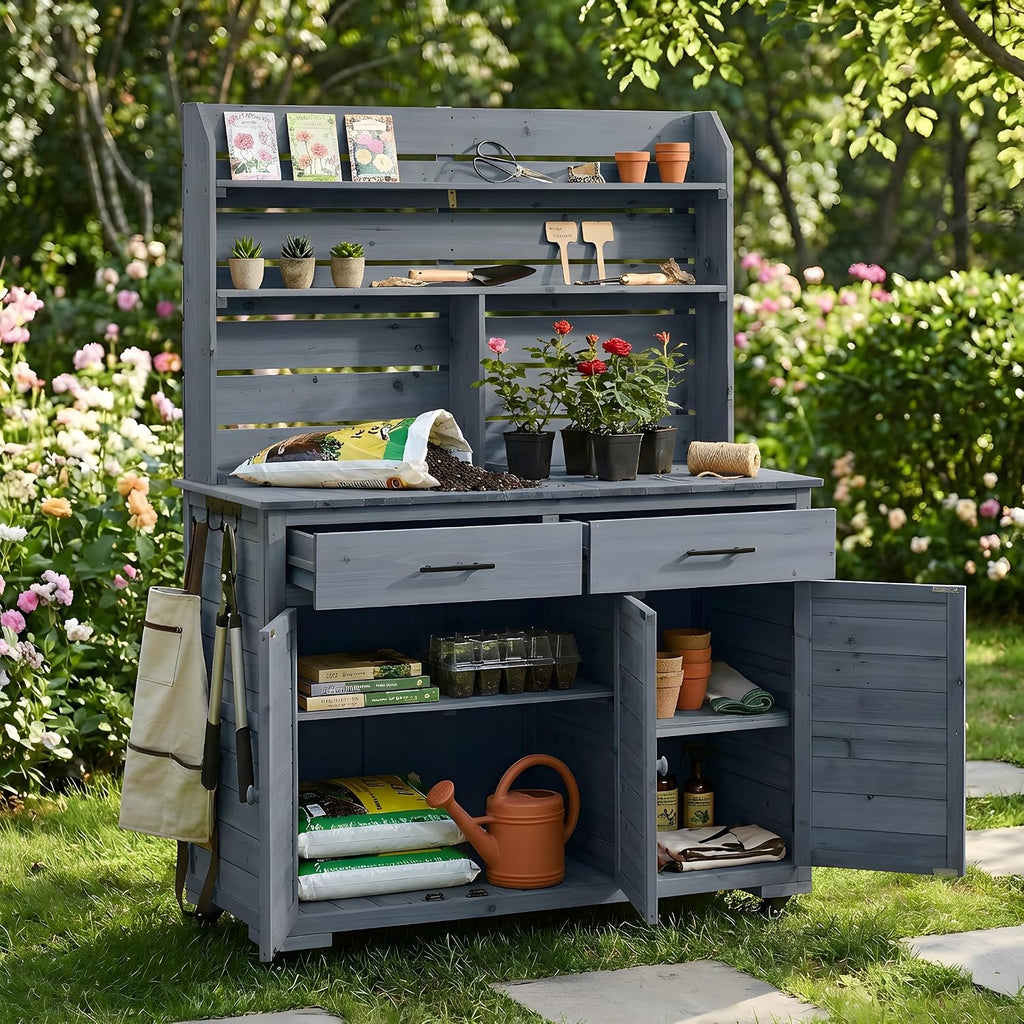 Multifunctional 3-in-1 Potting Bench Workstation with Storage & Wheels | Sturdy Fir Wood | Outdoor Garden, Patio, BBQ Prep Station (Gray-W)