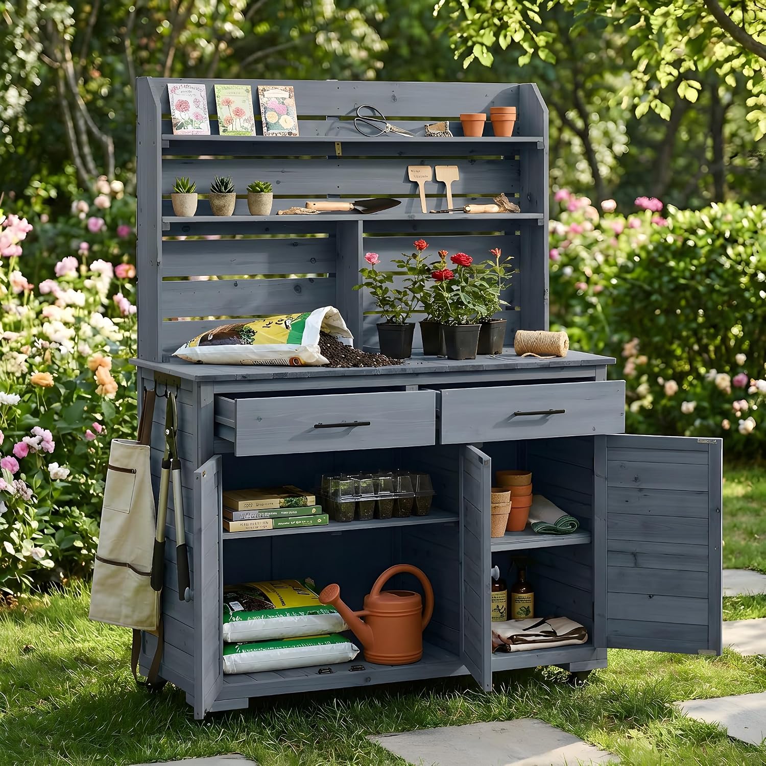 Multifunctional 3-in-1 Potting Bench Workstation with Storage & Wheels | Sturdy Fir Wood | Outdoor Garden, Patio, BBQ Prep Station (Gray-W)