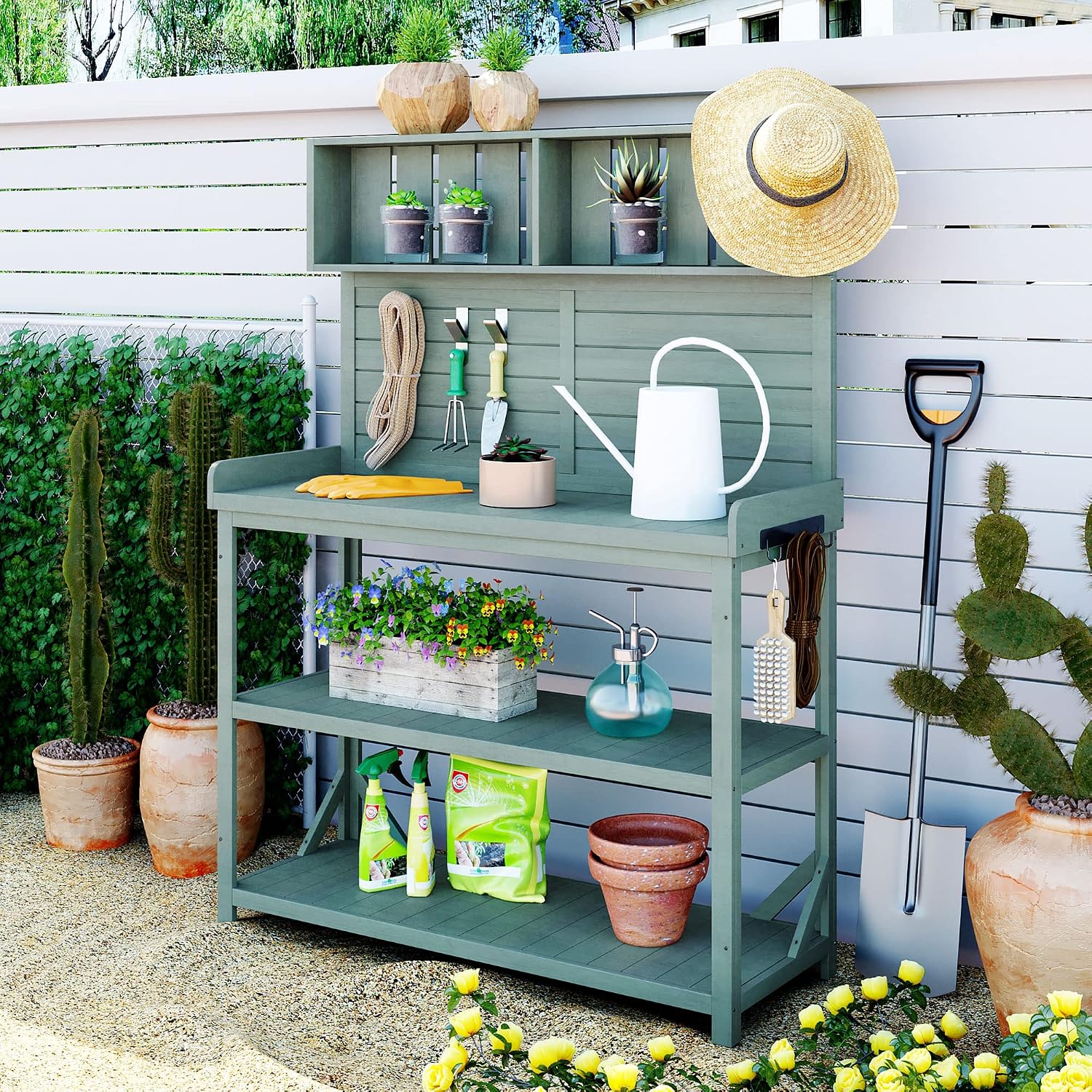 Farmhouse Potting Bench Table with Storage, Outdoor Gardening Tables with Storage Shelves and Side Hooks, Wood Potting Tables for Outside, Garden, Patio, Backyard, Easy Assembly, Green