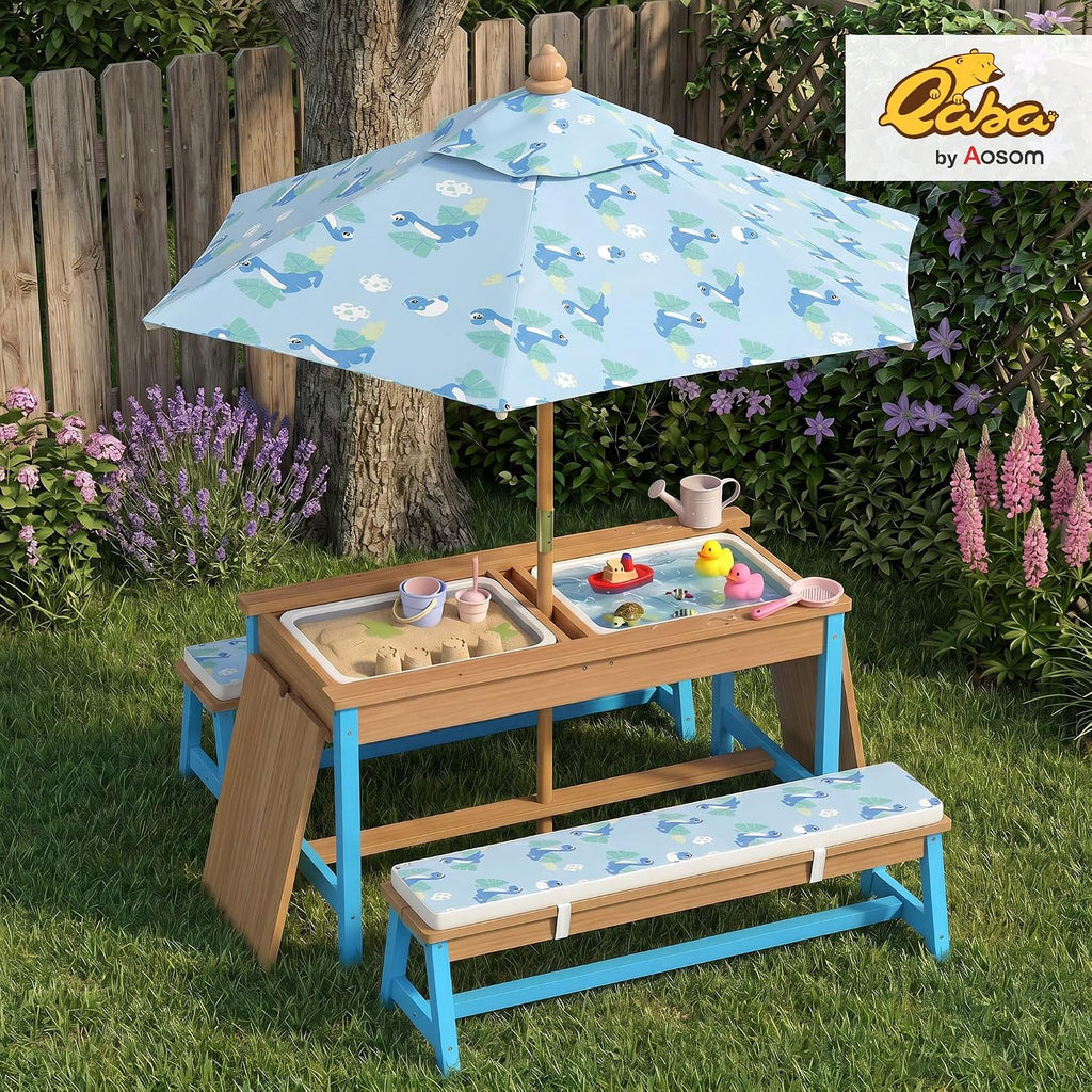 Qaba Kids Picnic Table, Wooden Table and Bench Set with Foldable Umbrella, Removable Cushions & Boxes, Dinosaur Theme Children Activity Table Outdoor Furniture for Patio, Blue
