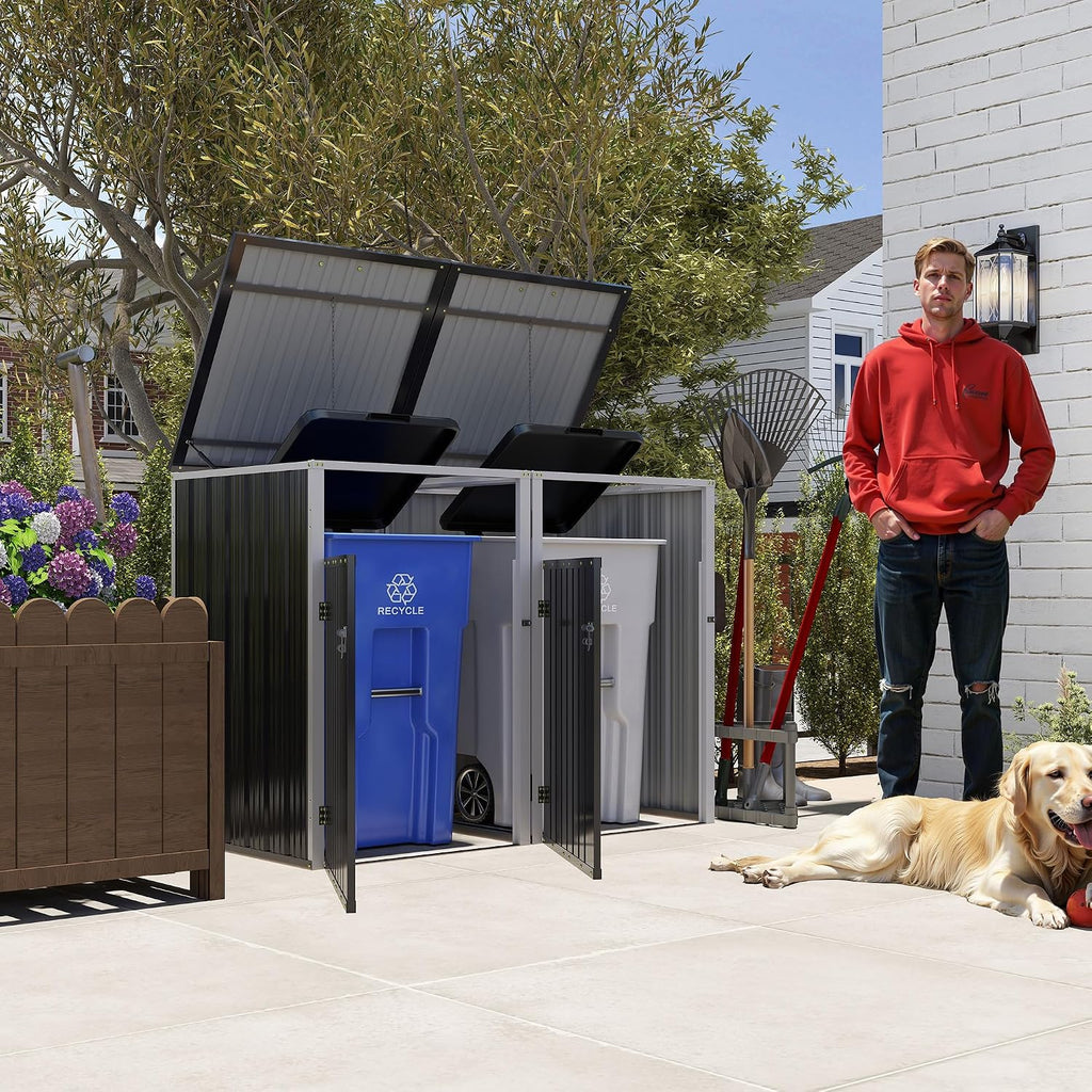 KEIKI 54 Cu.Ft Outdoor Trash Can Storage Shed for 2 Bins, Galvanized Metal Garbage Bin Enclosure with Hydraulic Lid & Dual Chain Design, Weather-Resistant, Dark Gray