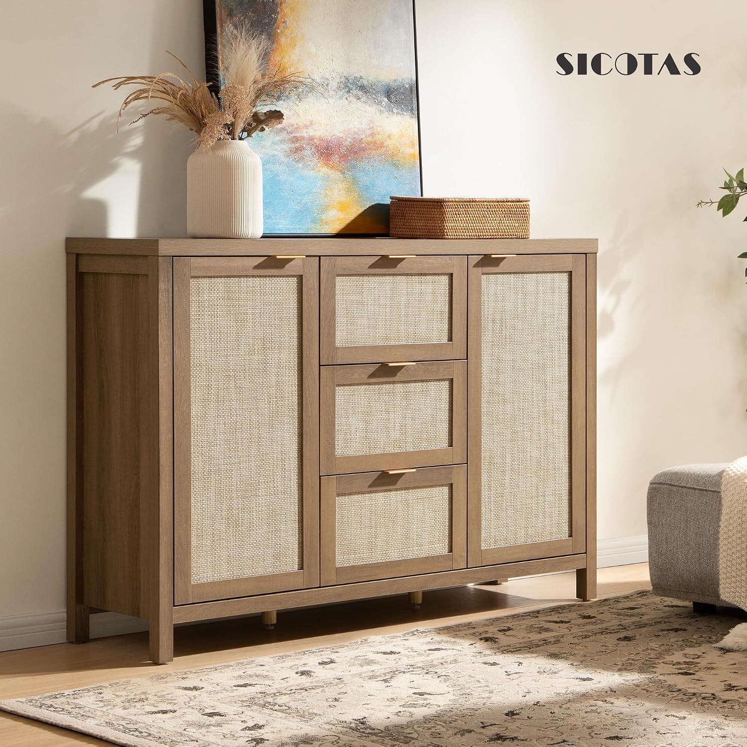 SICOTAS Rattan Sideboard Buffet Cabinet with Storage - 52' Larger Farmhouse Credenza Storage Coffee Bar Cabinet with 3 Drawers & 2 Doors, Boho Console Table for Living Room, Kitchen, Caramel Oak