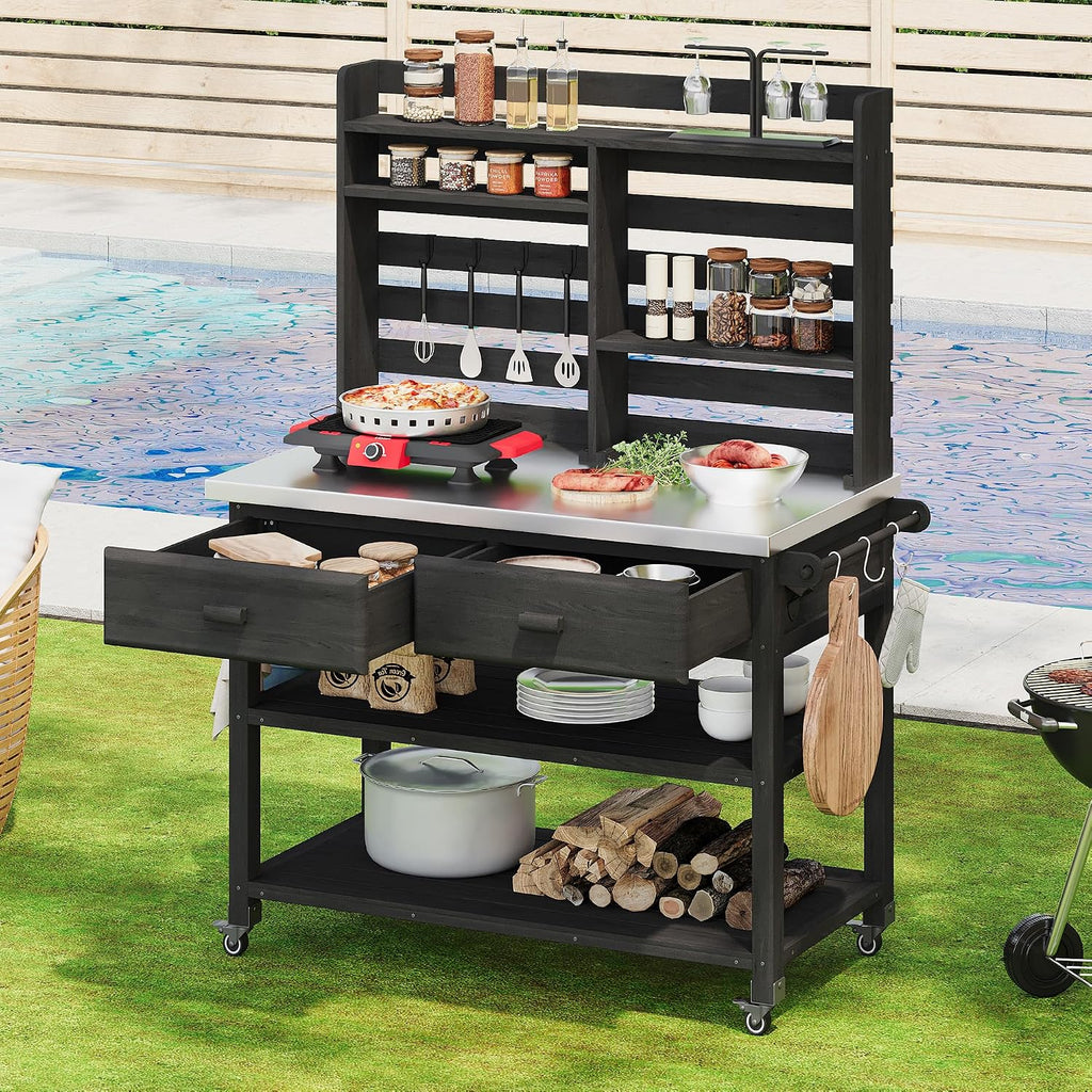 64.9'H Outdoor Potting Bench Table, Outdoor Wood Workstation Table with Lockable Wheels, Stainless Steel Top, Towel Rack, Solid Wood Outdoor Kitchen Island with Upper Hutch for Grilling, Lawn Garden