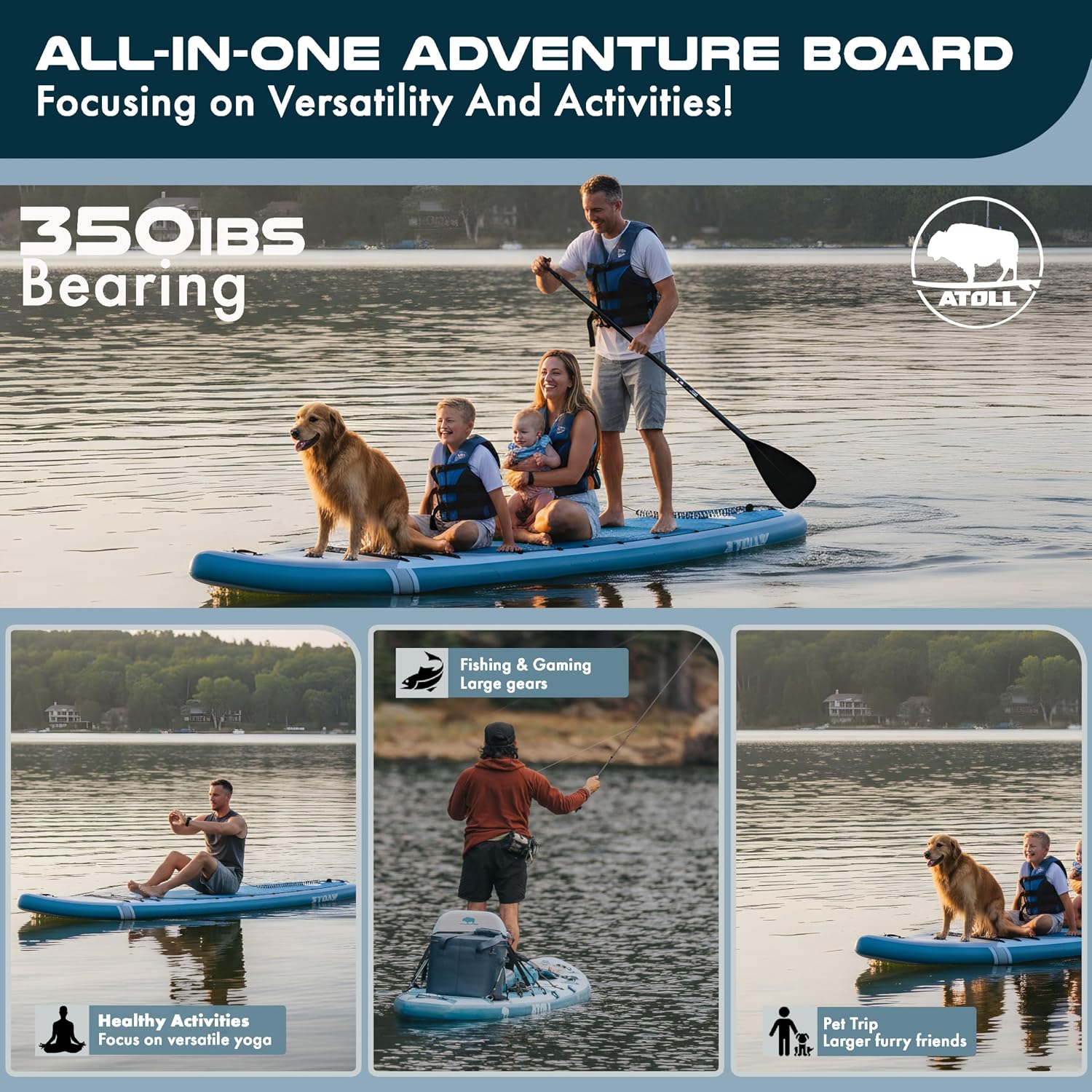 Atoll Inflatable Stand Up Paddle Board | Extra Wide SUP for Adults, Fishing, Touring & All-Around Adventure | Stable Paddle Board with Accessories (Aqua Blue, 12.6 Feet)