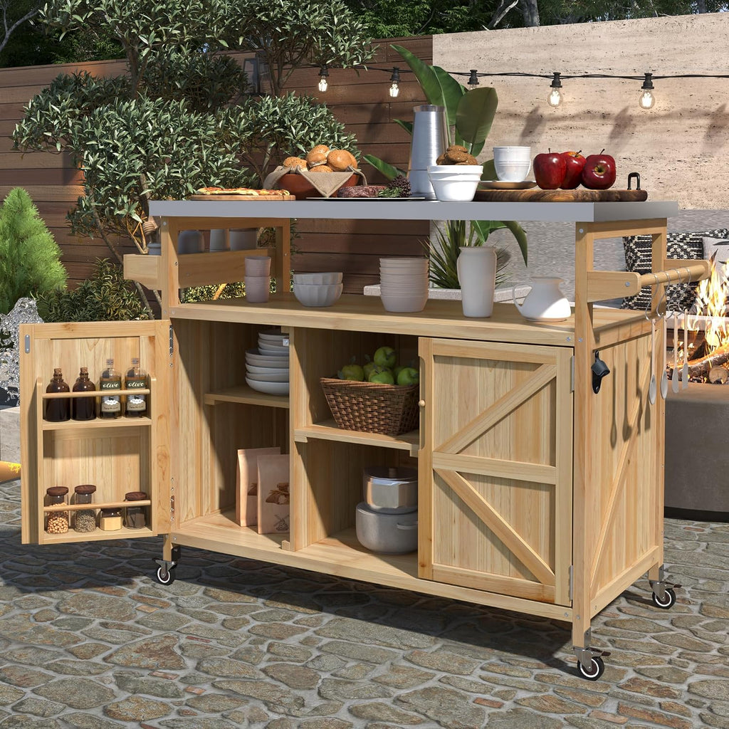 50.25'' Outdoor Kitchen Island, Rolling Bar Cart & Storage Cabinet, Farmhouse Solid Wood Outdoor Grill Table with Stainless Steel Top, Spice Rack, Towel Rack for Kitchen & BBQ, Natural