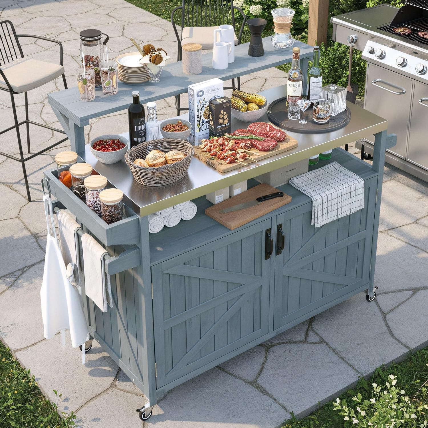 Merax 53.3' Outdoor Kitchen Island with Raised Shelf, Solid Wood Storage Cabinet with Stainless Steel Top, Rolling Grill Cart, Adjustable Shelf, Grey Blue