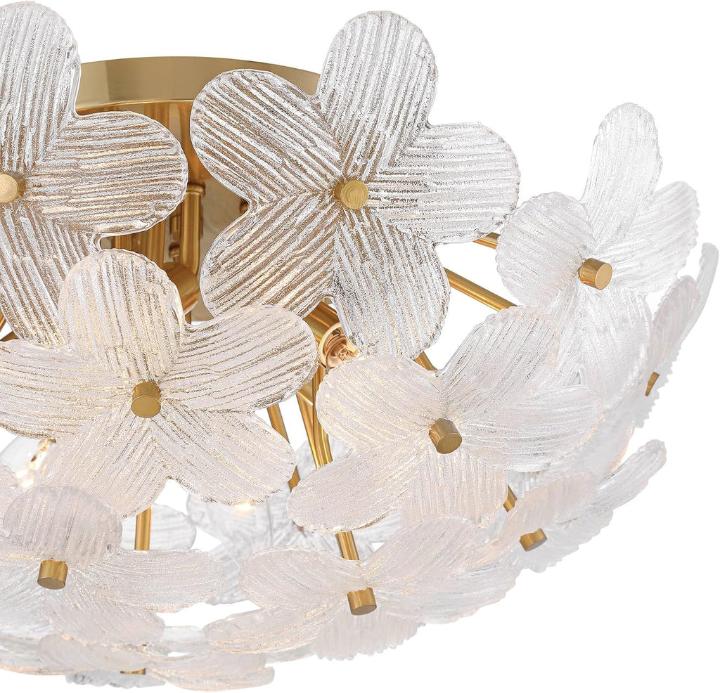 Possini Euro Design Filoli 20' Modern Semi Flush-Mount Ceiling Light Fixture Kitchen Foyer Hallway Flower Unique Gold Finish Glass Metal Bedroom Bathroom Entryway Living Room Indoor Office Small