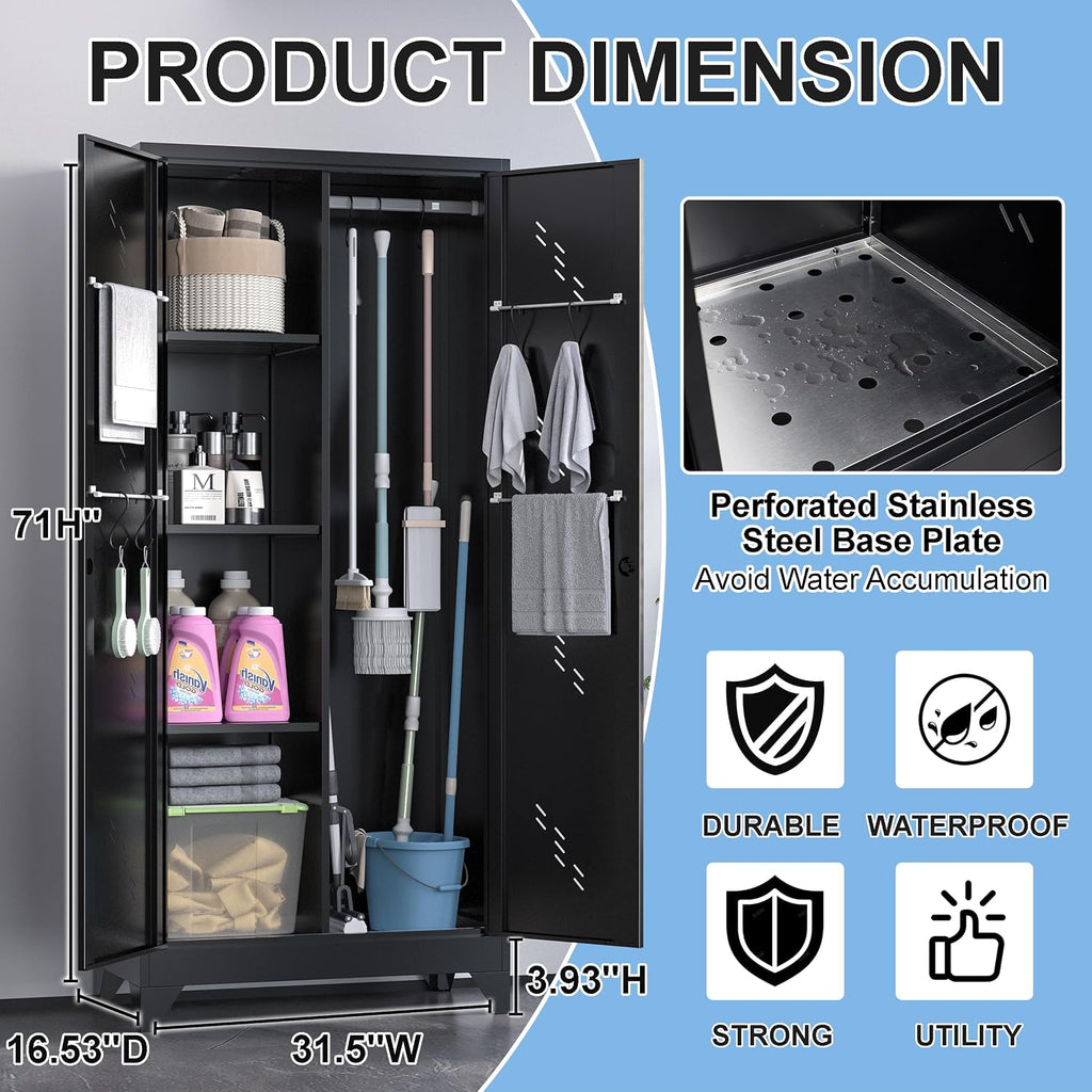 71' Outdoor Storage Cabinet – Heavy-Duty Lockable Metal Shed with Ventilated Doors, Perforated Stainless-Steel Bottom, Hanging Rod & Hooks, Easy Assembly