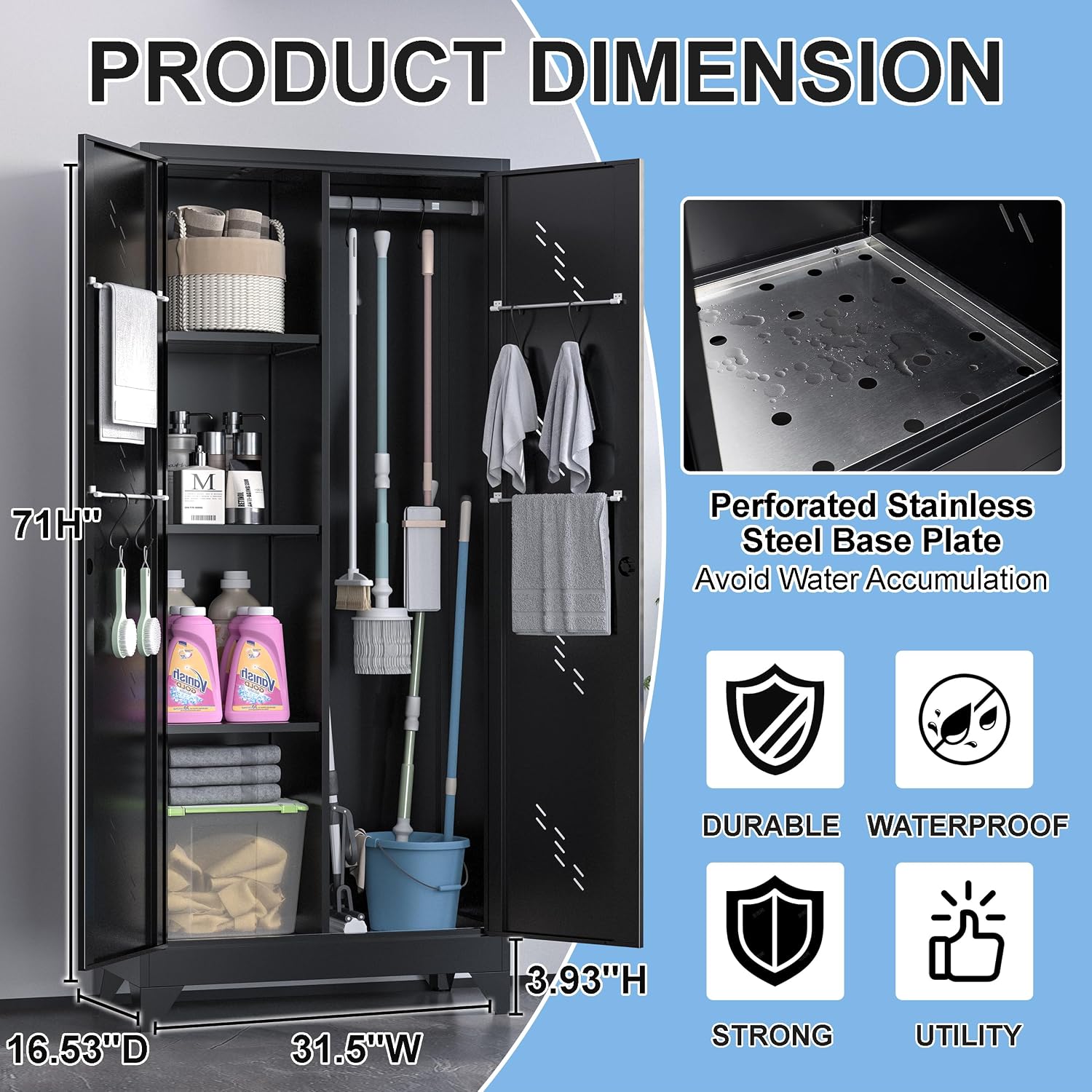 71' Outdoor Storage Cabinet – Heavy-Duty Lockable Metal Shed with Ventilated Doors, Perforated Stainless-Steel Bottom, Hanging Rod & Hooks, Easy Assembly