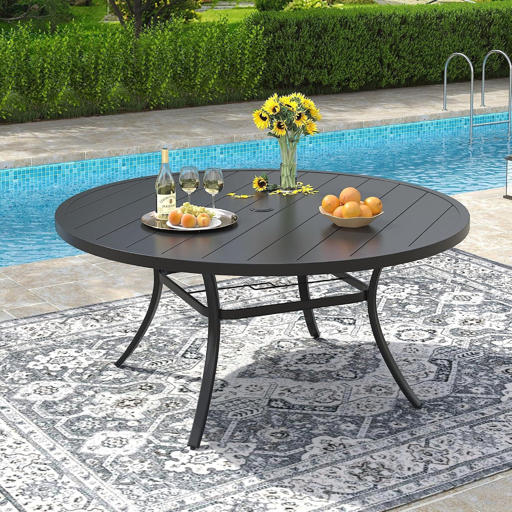 VICLLAX 53' Round Patio Dining Table for 6-8, Metal Outdoor Dining Table with Umbrella Hole for Garden, Patio, Balcony, Black