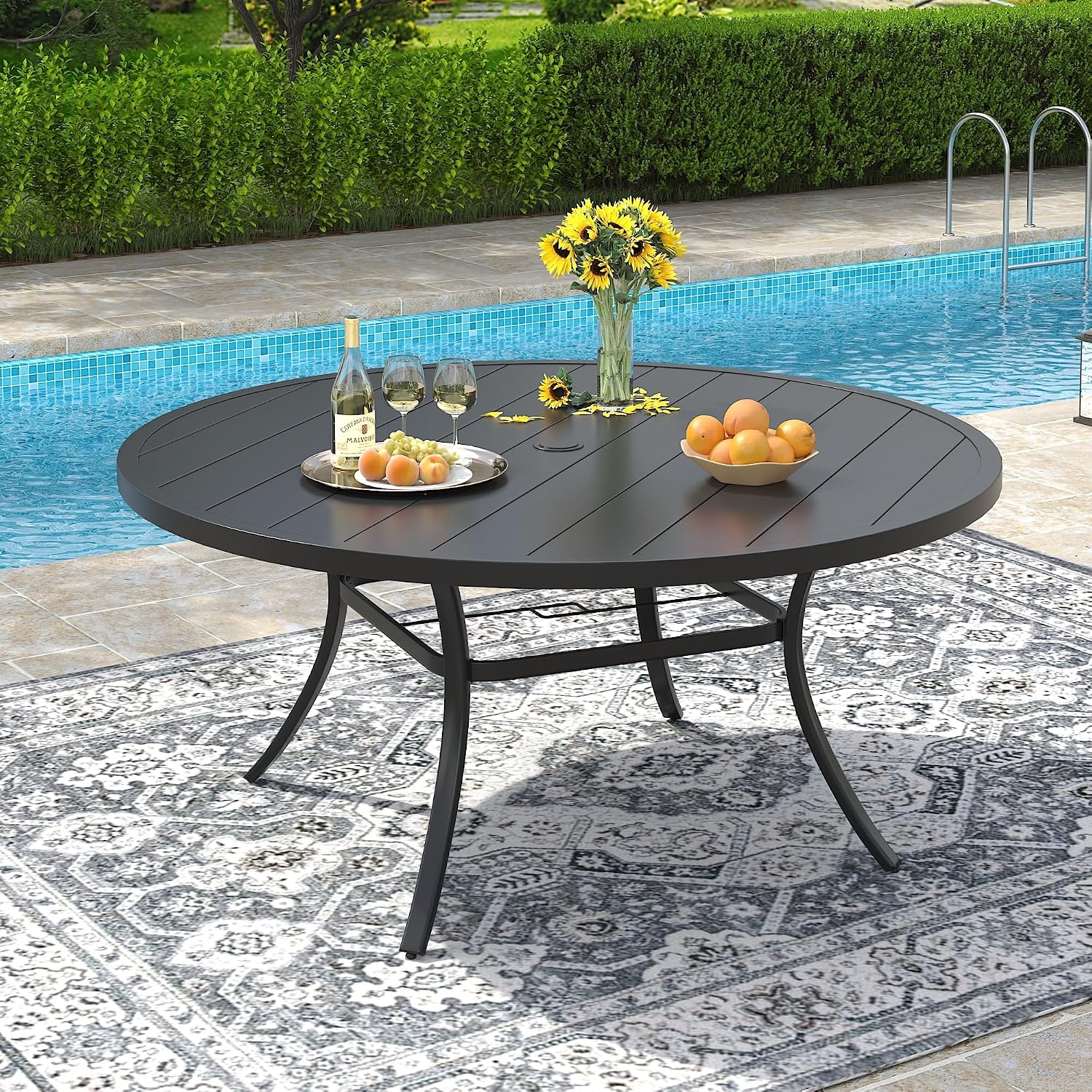 VICLLAX 53' Round Patio Dining Table for 6-8, Metal Outdoor Dining Table with Umbrella Hole for Garden, Patio, Balcony, Black