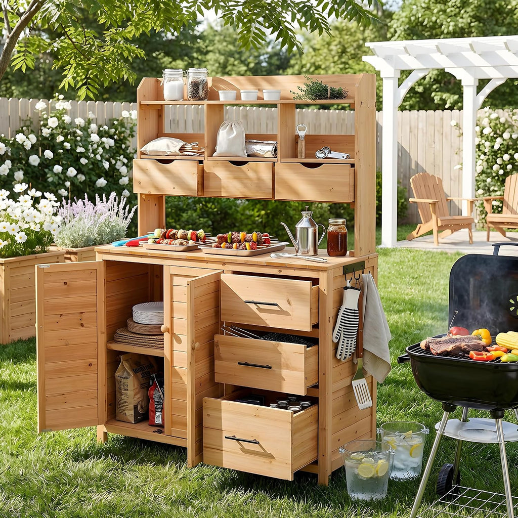 65' H Large Patio Potting Bench, Farmhouse Garden Workstation with 6 Drawers, Bottom Cabinet and Side Hook, Adjustable Shelf, Fir Wood Frame Outdoor Kitchen Island (Natural Wood/101)