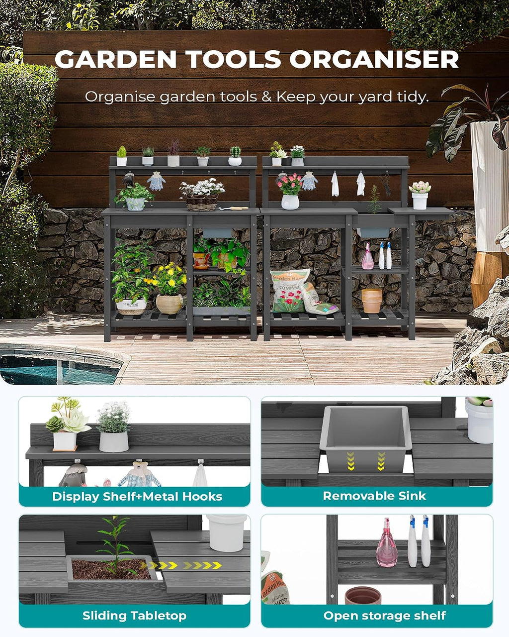 SERWALL Outdoor Potting Bench with Removeable Sink,Rot-Resistant HDPE Potting Table for Outside Gardening, All Weather Use - Gray