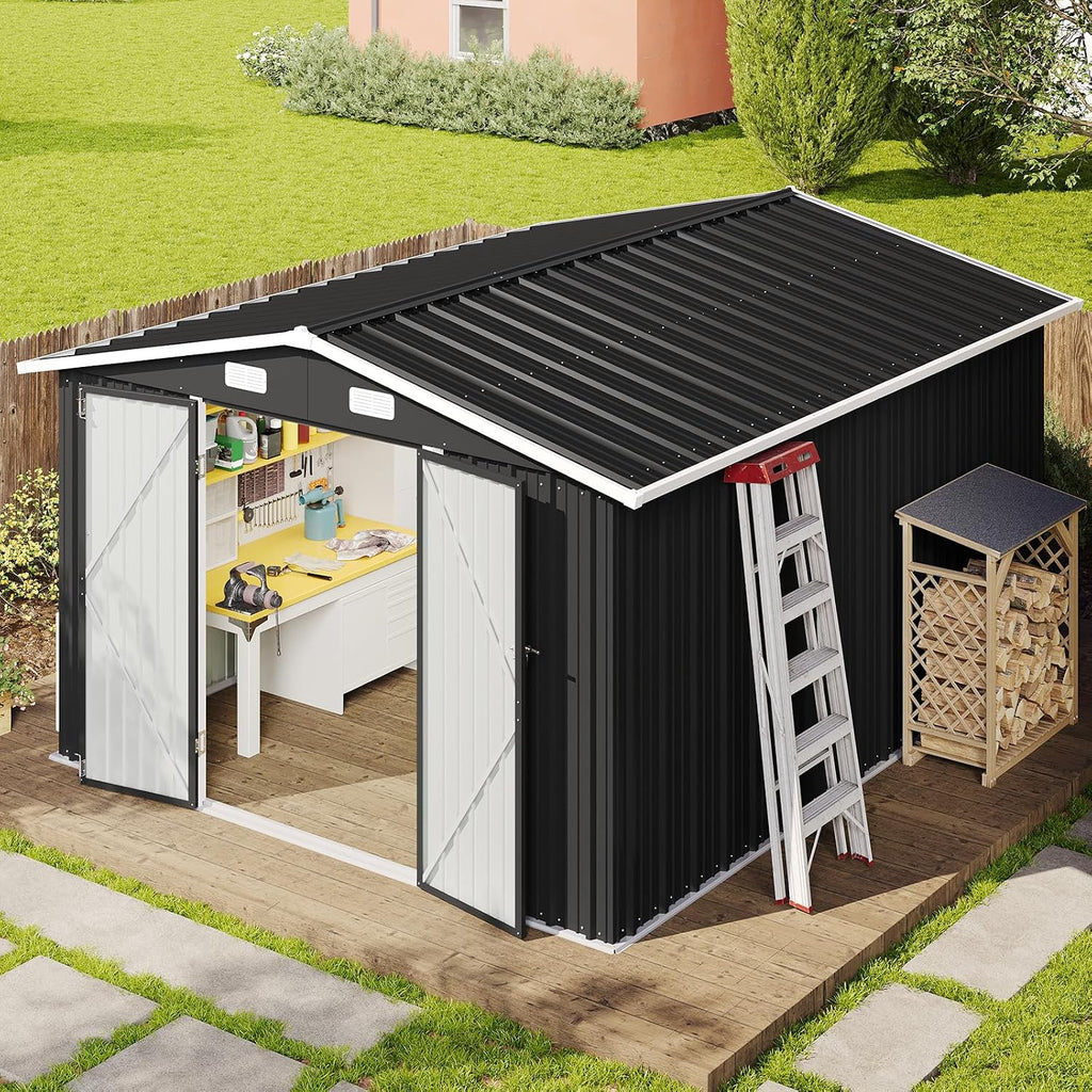 Aoxun 10 x 12FT Outdoor Storage Shed with Double Hinged Large Door Utility Garden Shed with Lockable Door & Sloped Roof Metal Sheds Outdoor Storage for Garden, Backyard, Patio and Backyard, Black