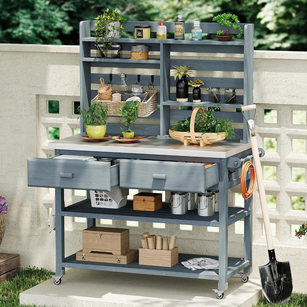 64.9'H Outdoor Potting Bench Table, Outdoor Wood Workstation Table with Lockable Wheels, Stainless Steel Top, Towel Rack, Solid Wood Outdoor Kitchen Island with Upper Hutch for Grilling, Lawn Garden
