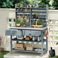 64.9'H Outdoor Potting Bench Table, Outdoor Wood Workstation Table with Lockable Wheels, Stainless Steel Top, Towel Rack, Solid Wood Outdoor Kitchen Island with Upper Hutch for Grilling, Lawn Garden