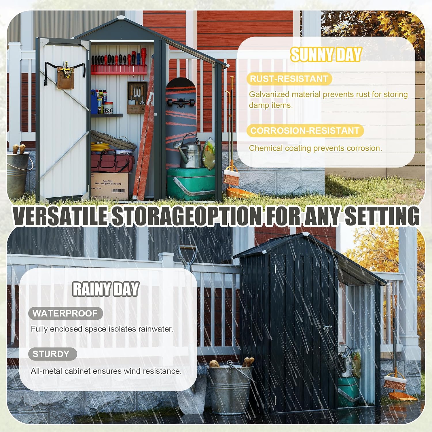 YOPTO Storage Shed,Iron 2-in-1 Storage Cabinet with A Solid Lock System and Sloped Roof,Outdoor Firewood Shed w/Waterproof,Garden Tool House for Lawnmowers,firewood,Dark Gray