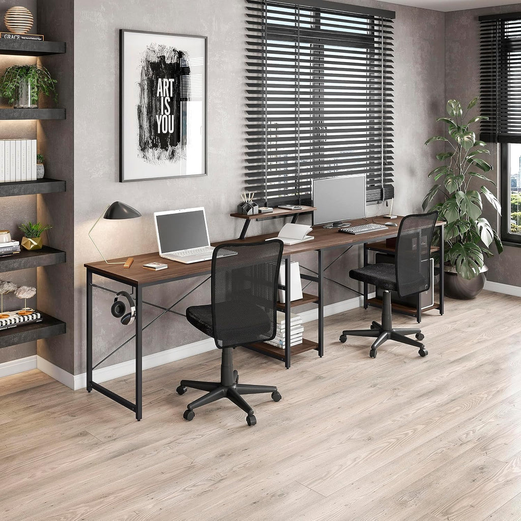 Techni Mobili Office Desk - Reversible L Shaped Desk with Storage Shelves, Monitor Stand & Accessory Holder - Ergonomic & Industrial Workstation Corner Table with Durable Steel Frame, Walnut