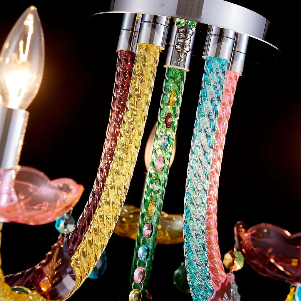 5-Light Children Candle Chandeliers, Modern Candy Design Flushmount Light Fixture for Bedroom, Dining Room, Kitchen, Bathroom, D22×H16 inch, Clear Rainbow Color Finish & K9 Crystal
