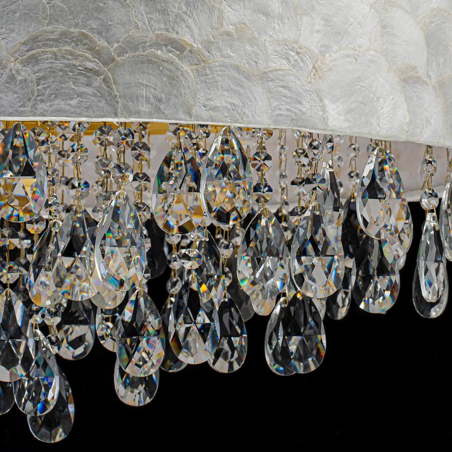LumFurn 8-Light Drum Capiz Shell Crystal Chandeliers, Coastal Style Pendant Light Fixture for Dining Room, Living Room, D24 x H23~71 inch(Adjustable), Shell Lampshade & Gold Finish