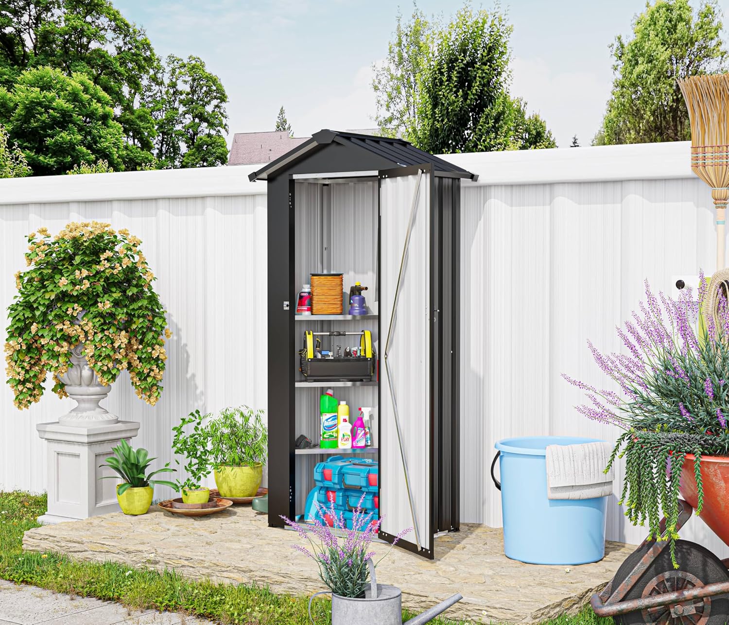 Small 2.5 × 1.4 FT Sheds & Outdoor Storage with Windows, Waterproof Metal Outside Storage Shed with Sturdy Frame, Utility Tool Shed for Backyard Garden — Dark Gray