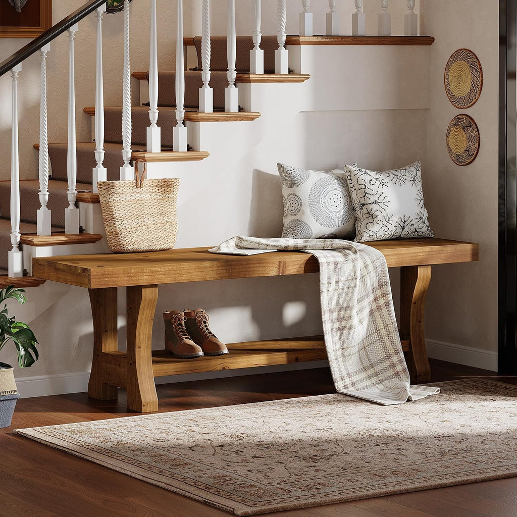 Solid Wood Entryway Bench, 55' End of Bed Bench, Long Indoor Dining Seat for Hallway, Bedroom, Living Room, Dining Room, Easy Assembly, Brown