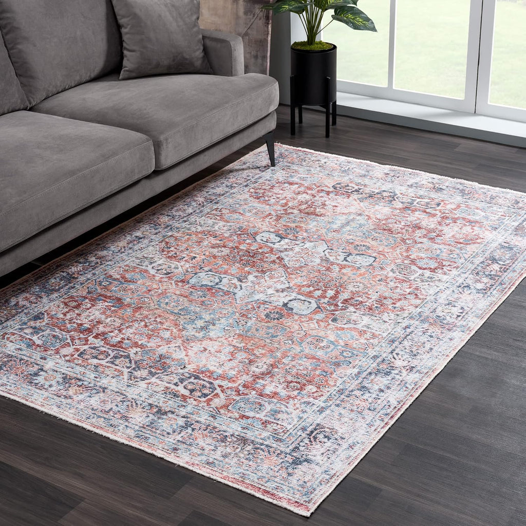 Bloom Rugs Caria Washable Non-Slip 8x10 Rug - Brick/Dark Blue Traditional Area Rug for Living Room, Bedroom, Dining Room, and Kitchen - Exact Size: 7'8' x 10'