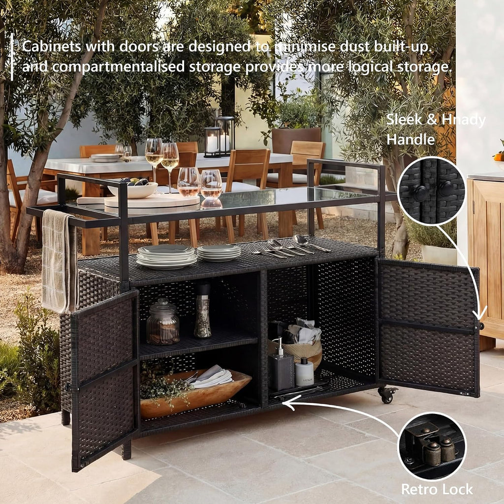 51.2' Wicker Outdoor Bar Cart - Black Patio Console Storage Table Buffet Cabinet Serving Kitchen Cart with Wheels for Outside Backyard