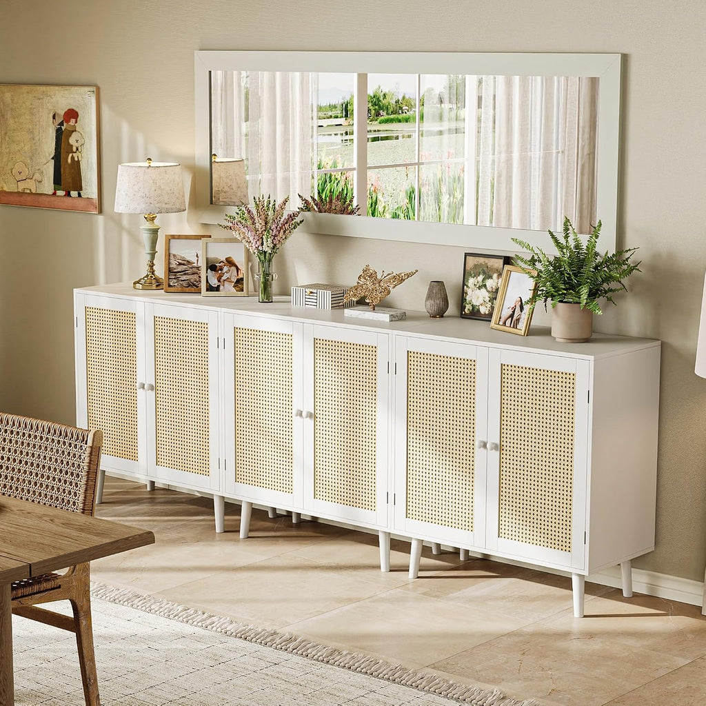Huuger Buffet Cabinet with Storage, Storage Cabinet with PE Rattan Decor Doors, Solid Wood Feet, for Hallway, Entry, Living Room, White