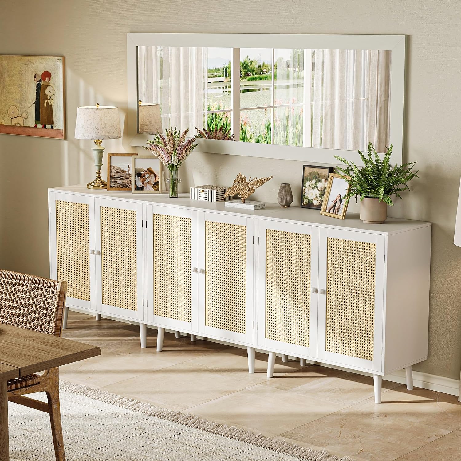 Huuger Buffet Cabinet with Storage, Storage Cabinet with PE Rattan Decor Doors, Solid Wood Feet, for Hallway, Entry, Living Room, White