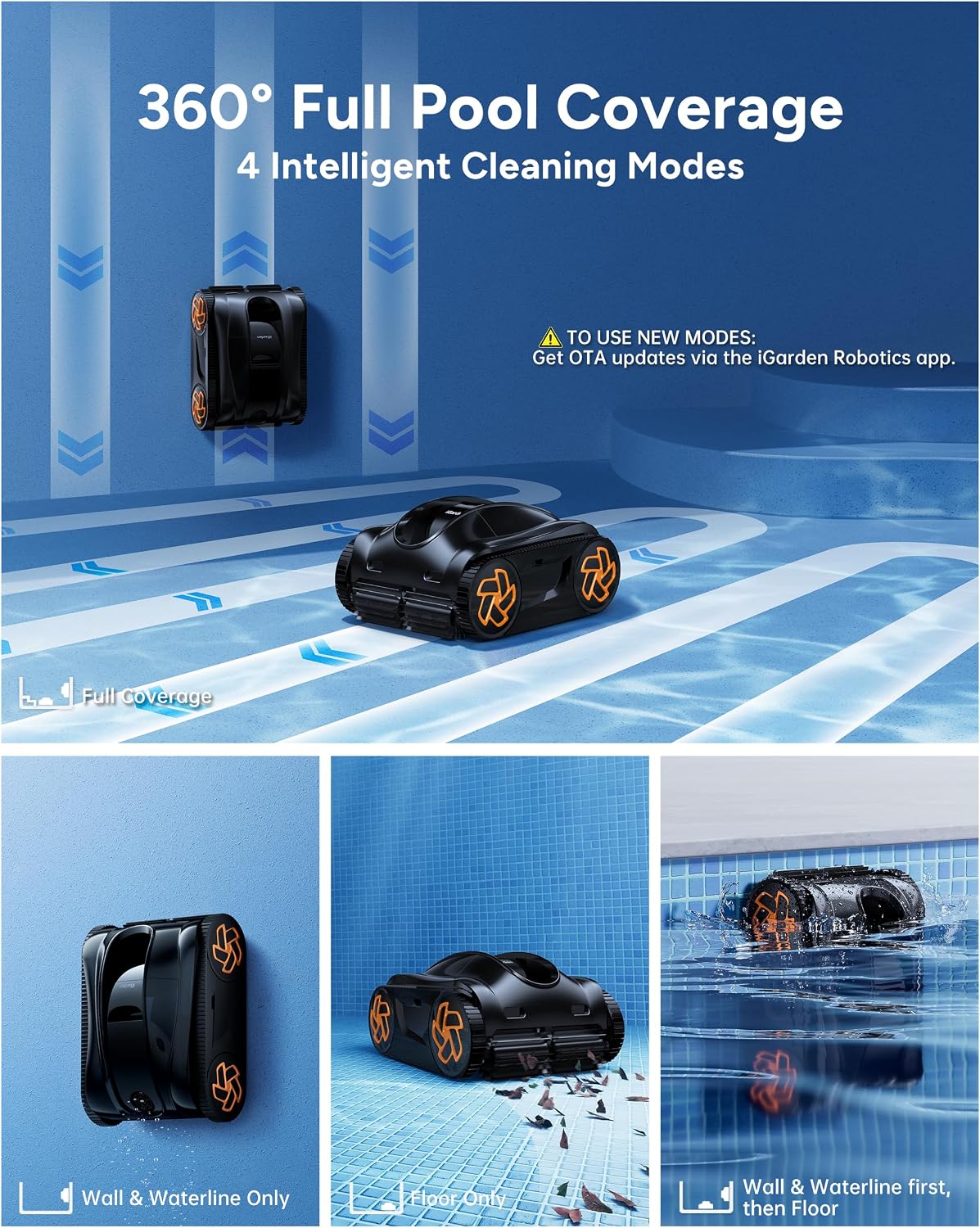 iGarden Robotic Pool Cleaner K90, 9H Runtime Cordless Pool Vacuum Robot, Turbo 200% Suction, Smart 3D Navigation, Touchscreen, for In-Ground & Above Ground Pools, Black